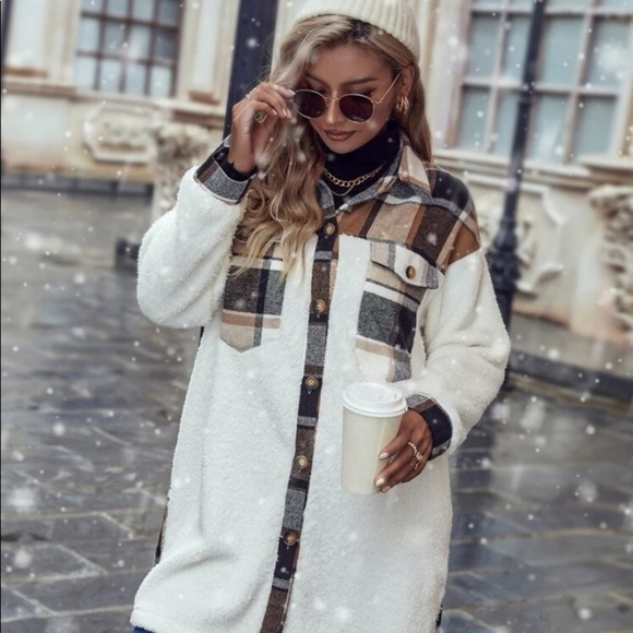 New plaid white button down Teddy jacket - Picture 3 of 8